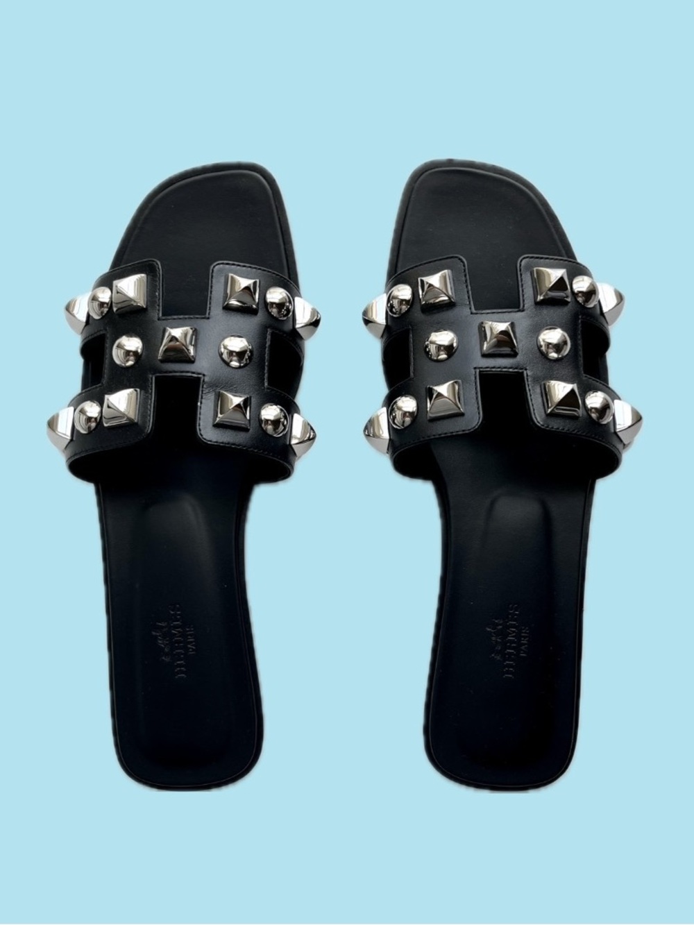 Hermes Oran-Black Leather with Silver Studs